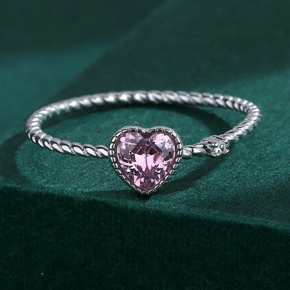 Pink Love Heart Premium Zircon 925 Sterling Silver Cross Band Rings